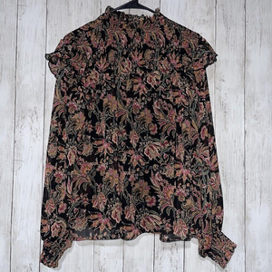Ophelia Rose Black Floral Smocked High Neck Long Sleeve‎ Blouse Women's Size S